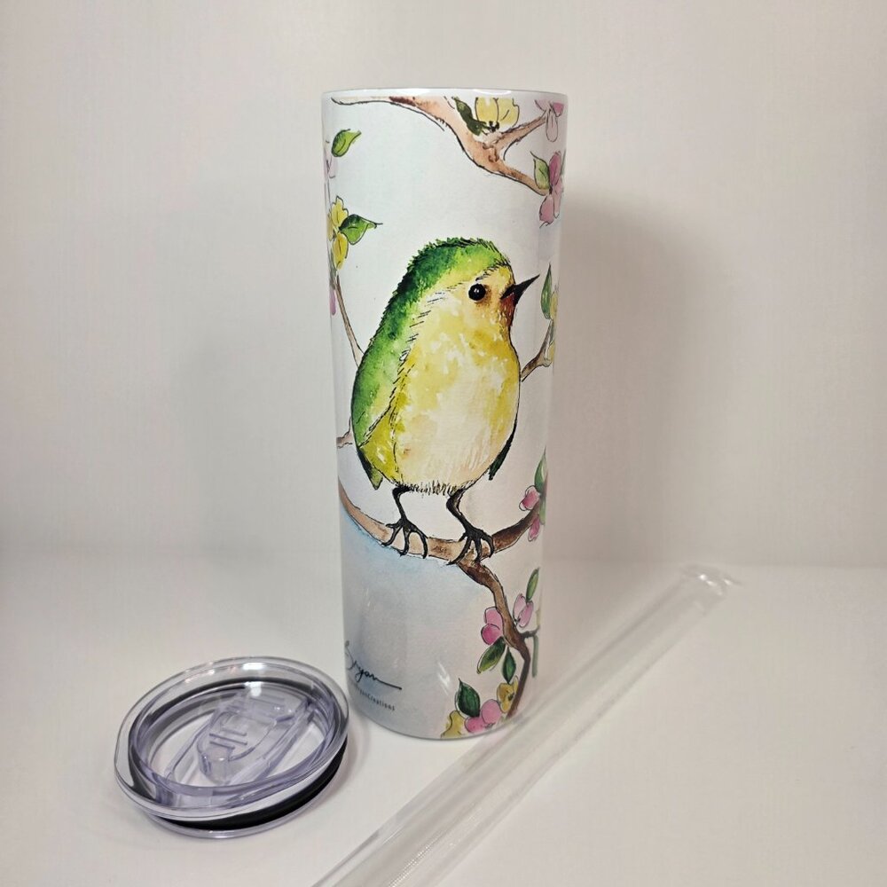 Bird Watercolor 20oz Stainless Steel Tumbler | Floral Bird Cup - Picture 6 of 7